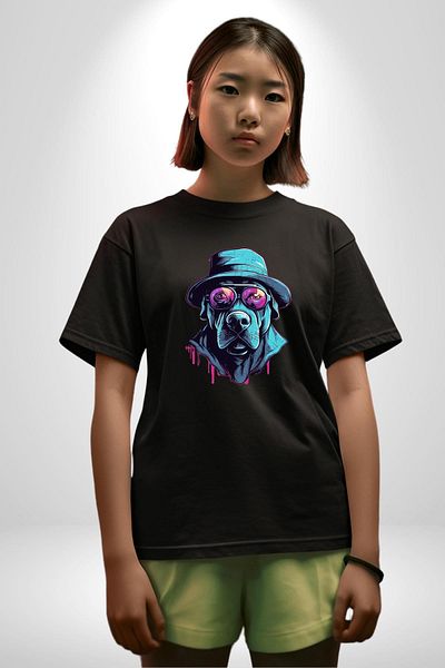 Angemiel Hard Look Hat Dog Black Oversize Women's Men's Front Printed T-Shirt