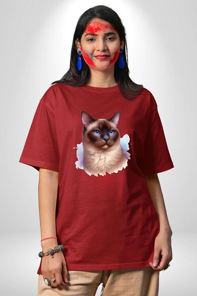 Angemiel تي شيرت مطبوع من الأمام للنساء والرجال باللون الأحمر من Siamese Cat