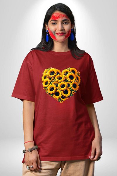 Angemiel Special Design Heart Spring Red Oversize Women's Men's Front Printed T-Shirt with Sunflower