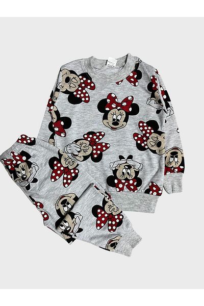 Pajama Shop Girl's Cotton Fabric Hooded Gray Mouse Patterned Long Sleeve Winter Pajama Set