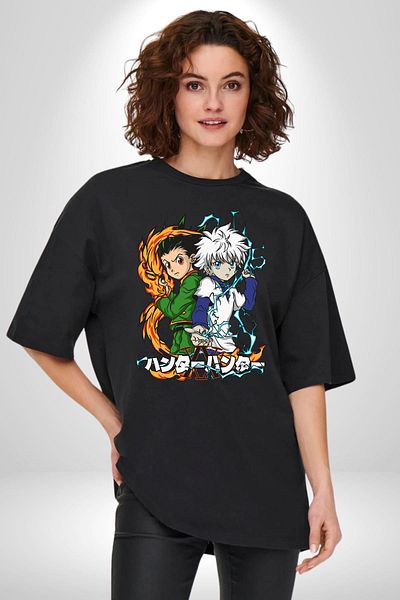 Angemiel Hunter X Hunter Gon & Killua Anime Black Oversize Women Men Front Printed T-Shirt