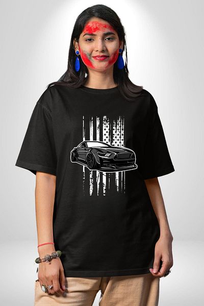 Angemiel Black Car Black Oversize Women's Men's Front Printed T-Shirt for Motorsport Enthusiasts