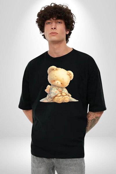 Angemiel Floral Pattern Pastel Tone Teddy Bear and Flower Black Oversize Women's Men's Front Printed T-Shirt