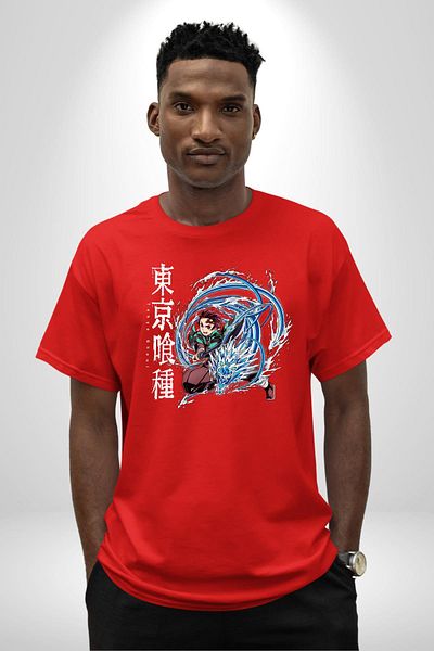 Angemiel Demon Slayer - Tanjiro Kamado Anime Red Oversize Women's Men's Front Printed T-Shirt