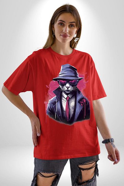 Angemiel Cool Detective Cat Red Oversize Women's Men's Front Printed T-Shirt