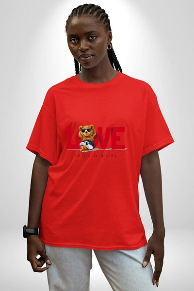Angemiel Love Printed Cute Bear and Relaxing Love Red Oversize Women's Men's Front Printed T-Shirt