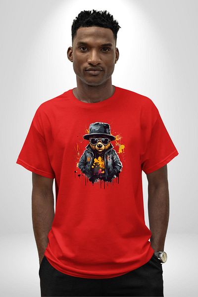 Angemiel Red Leather Jacket Bear Teddy with Sunglasses Red Oversize Women's Men's Front Printed T-Shirt