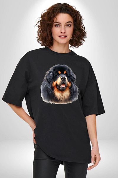 Angemiel Tibetan Mastiff Strong Loyal Dog Black Oversize Women's Men's Front Printed T-Shirt