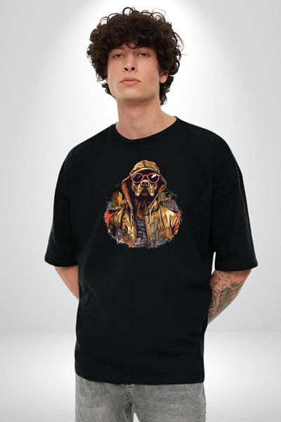 Angemiel Gangsta City Dog Metropol Street Style Black Oversize Women's Men's Front Printed T-Shirt