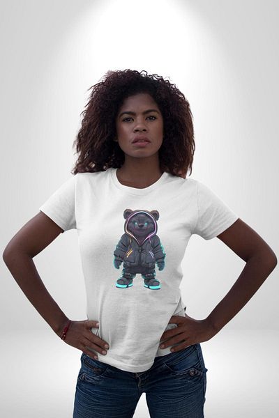 Angemiel Bright Neon Detailed Night Style Teddy Bear White Oversize Women's Men's Front Printed T-Shirt