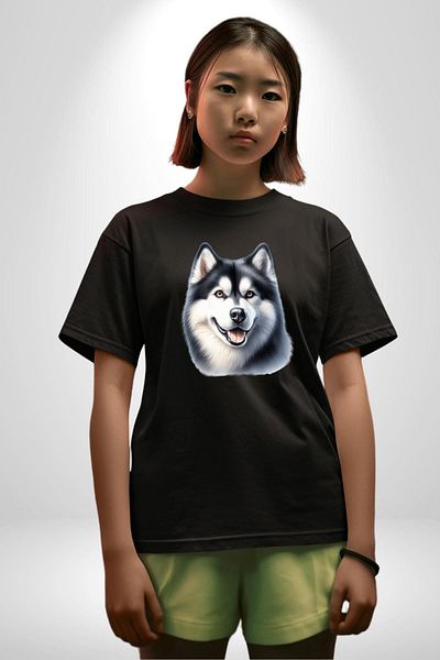 Angemiel Strong Siberian Husky Dog Large Breed Black Oversize Women Men Front Printed T-Shirt
