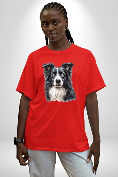 Angemiel Sweet Border Collie Energetic Clever Dog Design Red Oversize Women's Men's Front Printed T-Shirt