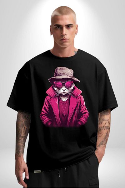 Angemiel Pink Accessory Glasses Cat Black Oversize Women's Men's Front Printed T-Shirt
