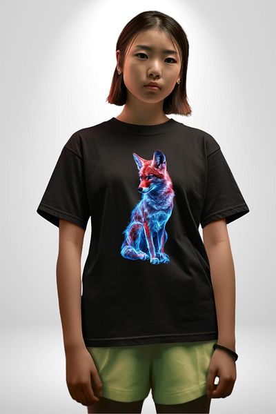Angemiel Colorful Neon Fox Black Oversize Women's Men's Front Printed T-Shirt