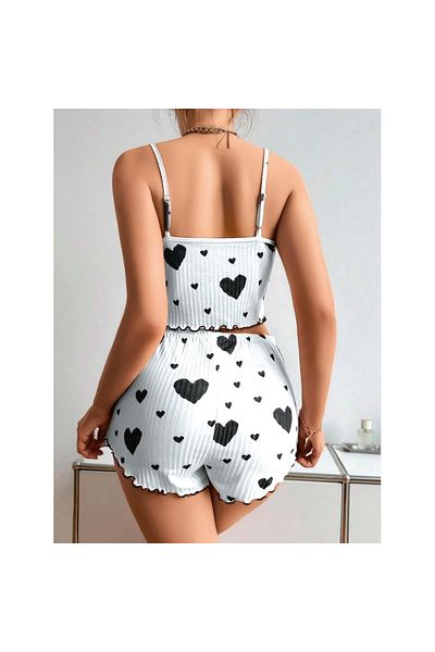 civetta Cotton White with Black Heart Pattern Ribbed Strap Shorts Pajama Set