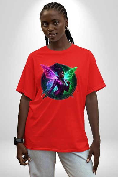 Angemiel Music Red Oversize Women Men Front Printed T-Shirt with Shiny Wings and Microphone