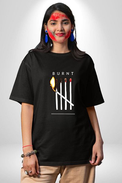 Angemiel Burnt Match Printed Black Oversize Women's Men's Front Printed T-Shirt