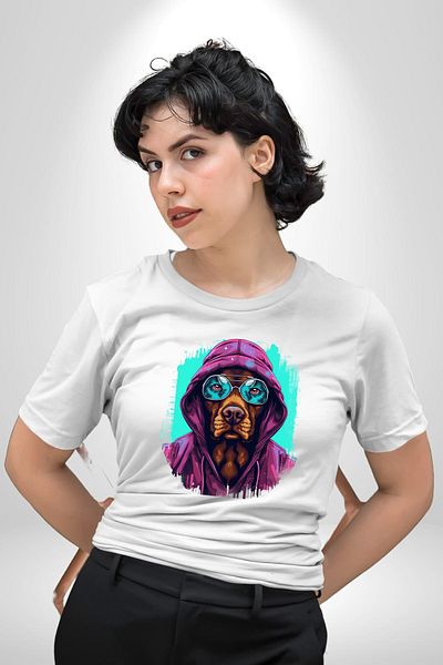 Angemiel Charismatic Dark Style Dog with Blue Glasses White Oversize Women's Men's Front Printed T-Shirt