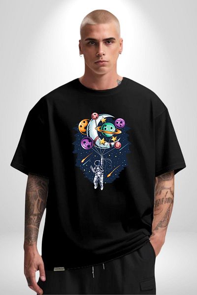 Angemiel Astronaut Balloon Star Moon Planet Black Oversize Women Men Front Printed T-Shirt