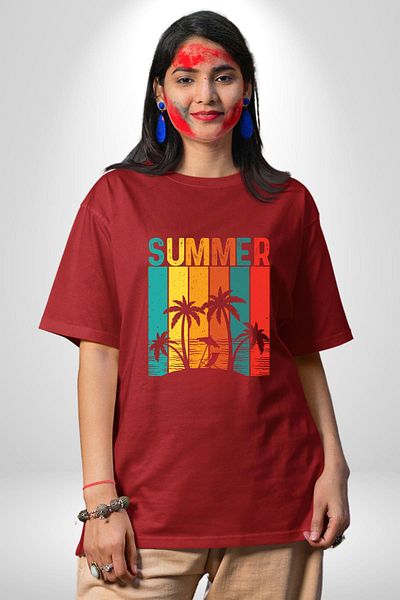 Angemiel Tropical Summer Themed Red Oversize Women's Men's Front Printed T-Shirt