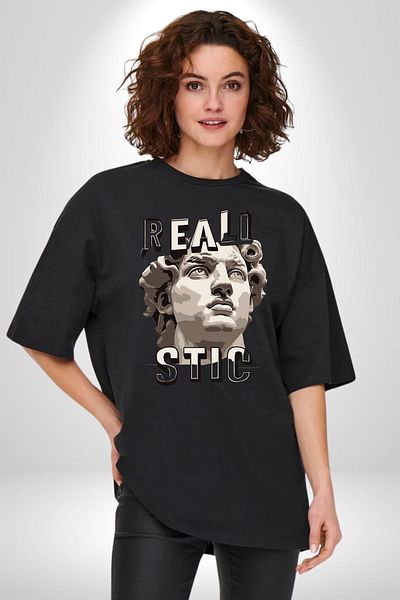 Angemiel Michelangelo David Statue Realistic Written Black Oversize Women's Men's Front Printed T-Shirt