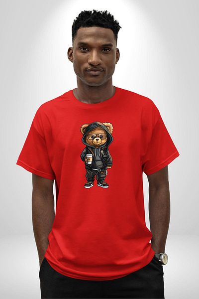 Angemiel Comfortable and Stylish Coffee Cafe Teddy Bear Red Oversize Women's Men's Front Printed T-Shirt