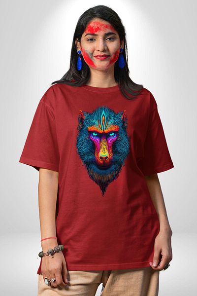 Angemiel Colorful Mandrill Monkey Red Oversize Women's Men's Front Printed T-Shirt