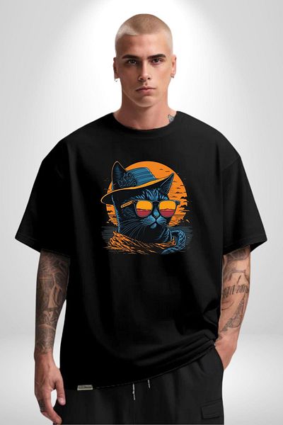 Angemiel Cool Black Cat Glasses and Hat Black Oversize Women's Men's Front Printed T-Shirt