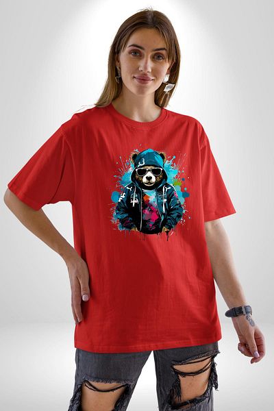 Angemiel Style Owner Bear Graffiti Hooded Cool Bear Red Oversize Women's Men's Front Printed T-Shirt