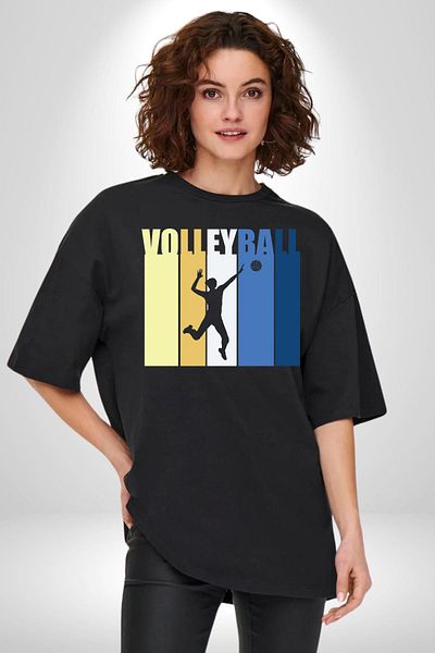 Angemiel Volleyball Written Colorful Energetic Design Black Oversize Women's Men's Front Printed T-Shirt