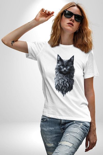 Angemiel تي شيرت مطبوع من الأمام للنساء والرجال باللون الأبيض من Gothic Spirit Nature and Cat