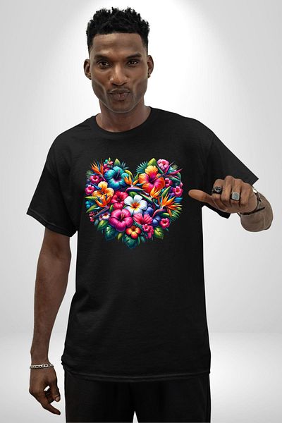 Angemiel Hibiscus Bird Paradise Plumeria Flower Tropical Black Oversize Women's Men's Front Printed T-Shirt
