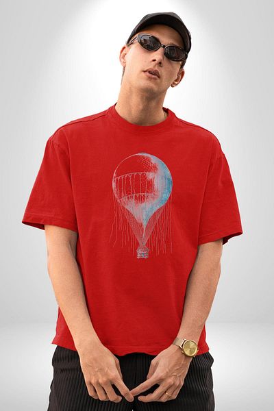 Angemiel Antique Hot Air Balloon Digital Art Red Oversize Women's Men's Front Printed T-Shirt