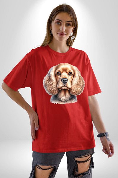 Angemiel Cute Cocker Spaniel Dog Red Oversize Women Men Front Printed T-Shirt