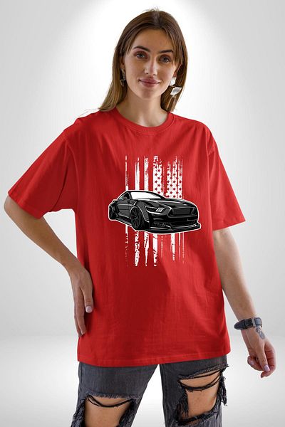 Angemiel Red Car Red Oversize Women's Men's Front Printed T-Shirt for Motorsport Enthusiasts