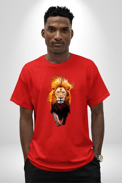 Angemiel Fringed Lion Portrait Red Oversize Women's Men's Front Printed T-Shirt