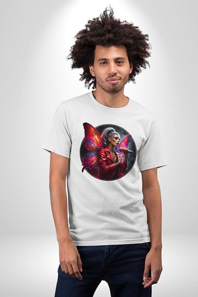 Angemiel Neon Butterfly Wings Microphone Young Girl White Oversize Women Men Front Printed T-Shirt