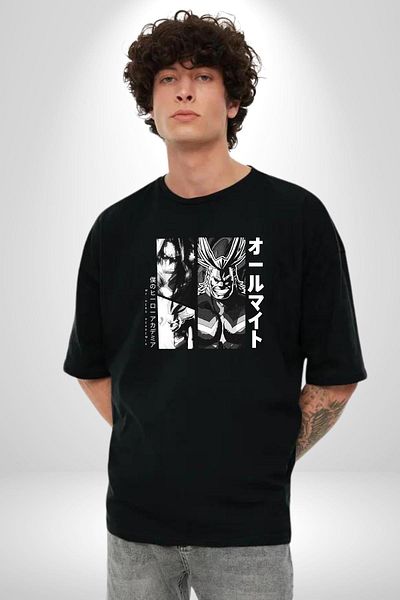 Angemiel My Hero Academia All Might Anime Black Oversize Women's Men's Front Printed T-Shirt