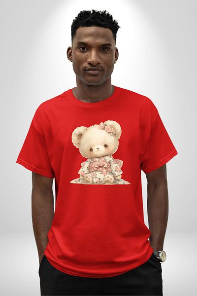 Angemiel Pink Teddy Bear Design with Kimono Red Oversize Women's Men's Front Printed T-Shirt
