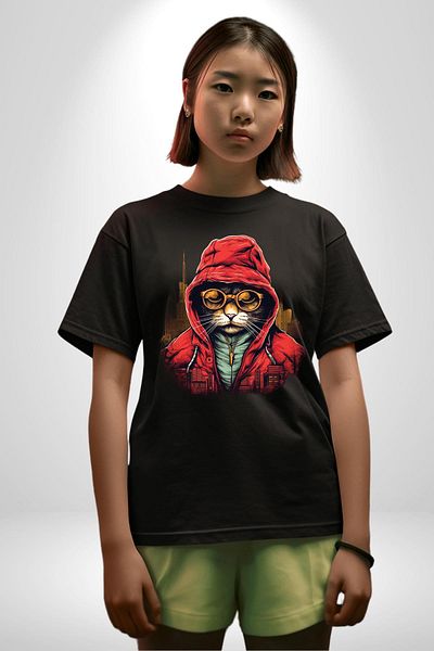 Angemiel Hooded Cat Pattern Black Oversize Women's Men's Front Printed T-Shirt