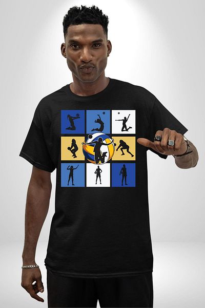 Angemiel Volleyball Silhouette Collage Patterned Black Oversize Women's Men's Front Printed T-Shirt