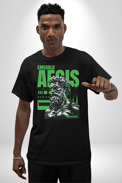 Angemiel Warrior Spirit Legendary Power Emerald Black Oversize Women's Men's Front Printed T-Shirt