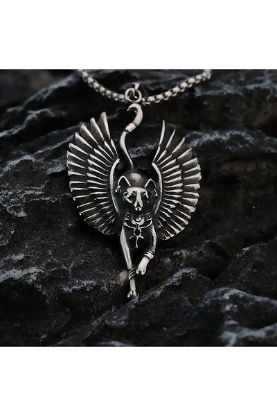 Viking Egyptian Mythology Cat God Wing Design Tarnish&Rust Free 316L Steel Necklace