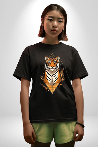 Angemiel Tiger Artistic Black Oversize Women's Men's Front Printed T-Shirt