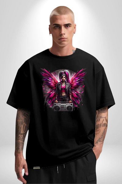 Angemiel Boombox and Bright Wings Design Black Oversize Women's Men's Front Printed T-Shirt