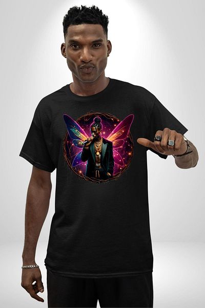 Angemiel Men's Hip Hop Rapper Purple-Pink Neon Black Oversize Women's Men's Front Printed T-Shirt