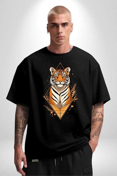 Angemiel Tiger Artistic Black Oversize Women's Men's Front Printed T-Shirt