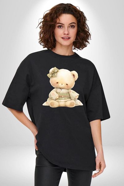 Angemiel Cute Teddy Bear in Pastel Tones Kimono Black Oversize Women's Men's Front Printed T-Shirt