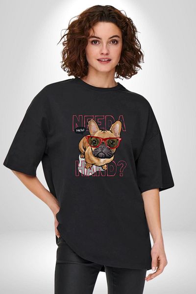 Angemiel Need a Hand Printed Funny and Cute Design Black Oversize Women's Men's Front Printed T-Shirt