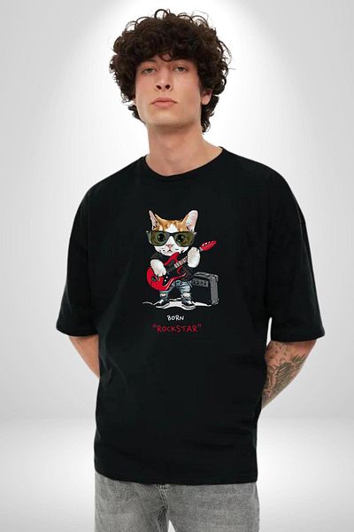 Angemiel Cat Rockstar Music Doesn'T Stop! Cover the Guitar Black Oversize Women's Men's Pre-Printed T-Shirt